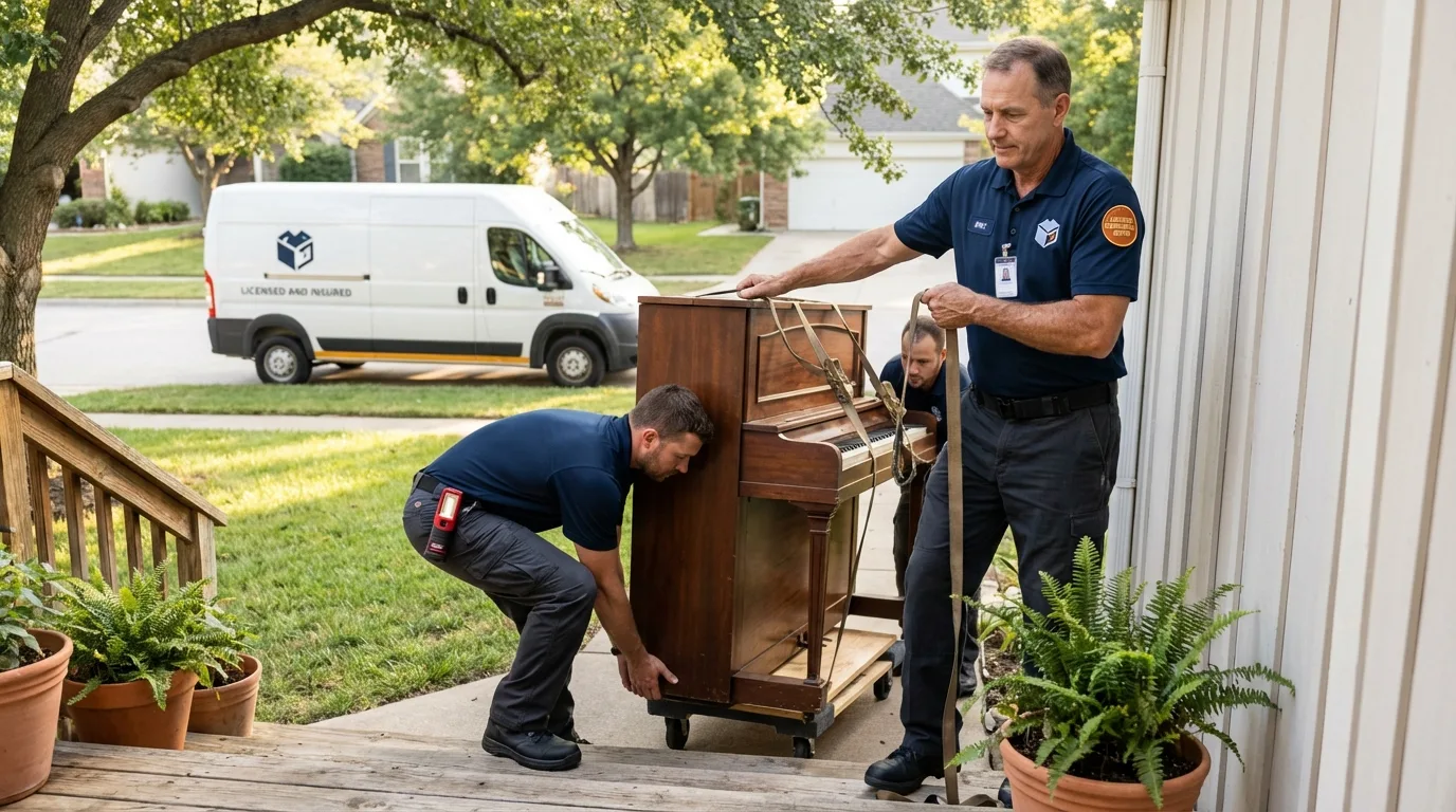 Licensed piano movers securing grand piano in Salem, IL